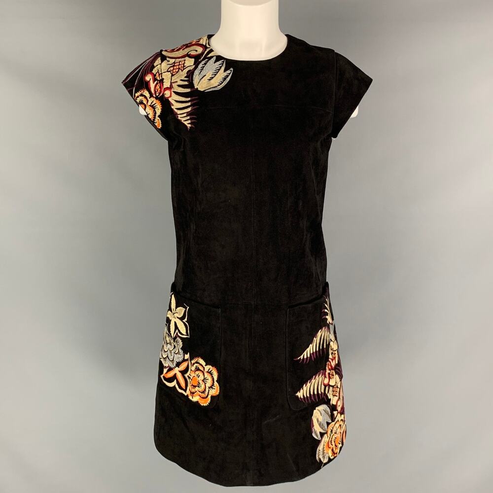 ETRO Size 4 Black Multi-Color Suede Embroidered Goat Skin Short Sleeve Dress